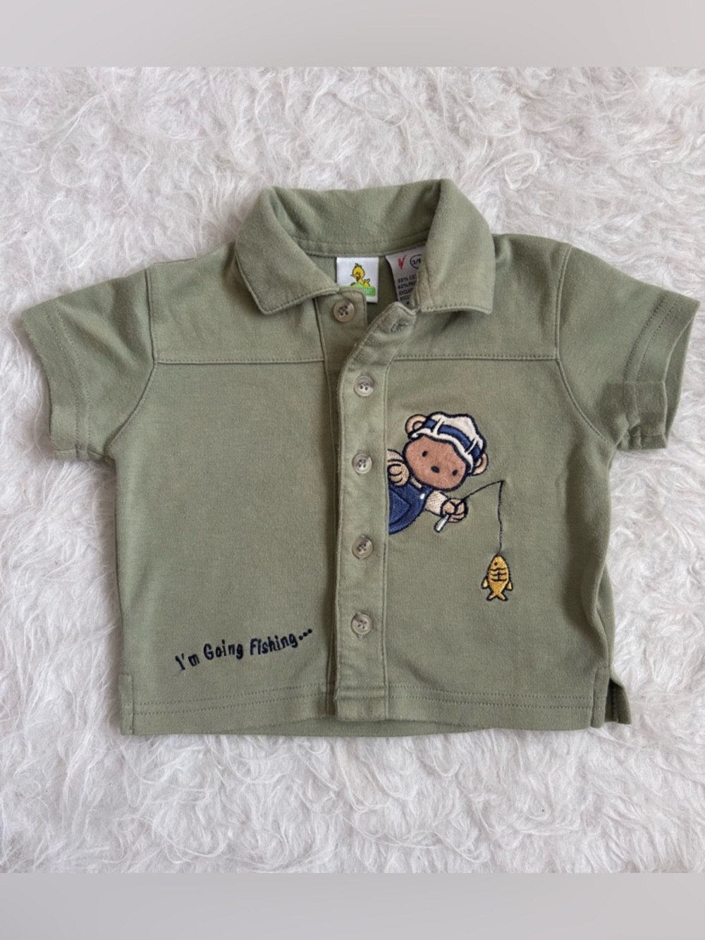 Sesame Street Vintage Olive Green Polo with Fishing Bear Embroidery